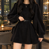 Belted Ribbed Mini Dress with Puff Sleeve