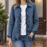Double-Breasted Denim Jacket with Ruffle Trim
