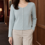 Button Front Cardigan with Scoop Neck and Long Sleeves