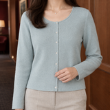 Button Front Cardigan with Scoop Neck and Long Sleeves