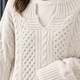 Oversized Cable Knit Sweater with Split Neck and Ribbed Trim