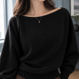 Boat Neck Sweater with Batwing Sleeve and Ribbed Cuff