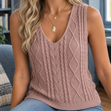 Cable Knit Sleeveless V-Neck Top with Ribbed Hem