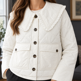 Quilted Jacket with Ruffle Collar and Flap Pockets