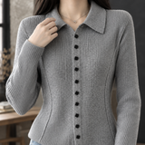 Collared Ribbed Knit Cardigan with Button-Front