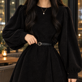 Belted Ribbed Mini Dress with Puff Sleeve