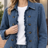 Double-Breasted Denim Jacket with Ruffle Trim