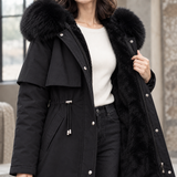 Faux Fur Hooded Parka Jacket with Drawstring Waist and Zip Front