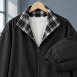 Zip Up Windbreaker Jacket with Plaid Collar and Drawstring Hem