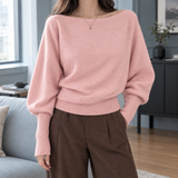Boat Neck Sweater with Batwing Sleeve and Ribbed Cuff