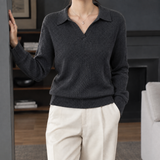 Ribbed Knit Sweater with Collar and V-Neck
