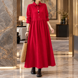 Collared A-Line Maxi Dress with Button Front and Long Sleeve
