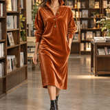 Velvet Collared Midi Dress with Button Front