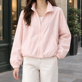 Cropped Windbreaker Jacket with Zip Front and Drawstring Hem