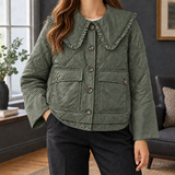 Quilted Jacket with Ruffle Collar and Flap Pockets
