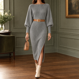 Ribbed Bodycon Midi Sweater Dress with Balloon Sleeves and Side Slit