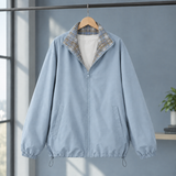 Zip Up Windbreaker Jacket with Plaid Collar and Drawstring Hem