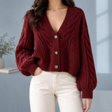 Cropped Cable Knit Cardigan with Balloon Sleeve
