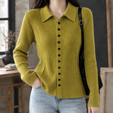 Collared Ribbed Knit Cardigan with Button-Front