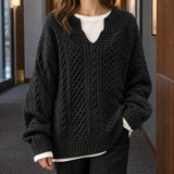 Oversized Cable Knit Sweater with Split Neck and Ribbed Trim