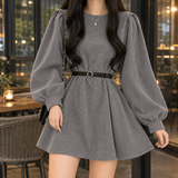 Belted Ribbed Mini Dress with Puff Sleeve