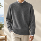 Fuzzy Knit Sweater with Ribbed Trim and Round Neck