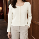 Button Front Cardigan with Scoop Neck and Long Sleeves