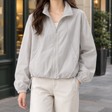 Cropped Windbreaker Jacket with Zip Front and Drawstring Hem