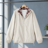 Zip Up Windbreaker Jacket with Plaid Collar and Drawstring Hem