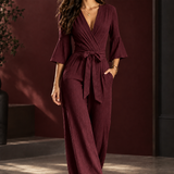 Wrap Wide-Leg Jumpsuit with Flared Sleeves