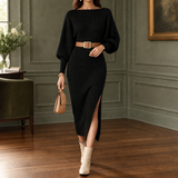 Ribbed Bodycon Midi Sweater Dress with Balloon Sleeves and Side Slit
