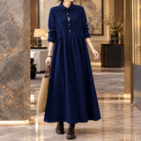 Collared A-Line Maxi Dress with Button Front and Long Sleeve