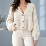 Cropped Cable Knit Cardigan with Balloon Sleeve