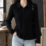 Collared Ribbed Knit Cardigan with Button-Front