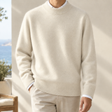 Fuzzy Knit Sweater with Ribbed Trim and Round Neck