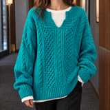 Oversized Cable Knit Sweater with Split Neck and Ribbed Trim