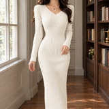 Ribbed Knit Bodycon Maxi Dress with V-Neck