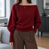 Boat Neck Sweater with Batwing Sleeve and Ribbed Cuff