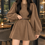 Belted Ribbed Mini Dress with Puff Sleeve