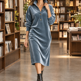 Velvet Collared Midi Dress with Button Front