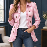 Gingham Ruffle Trim Blazer with Button-Front