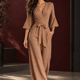 Wrap Wide-Leg Jumpsuit with Flared Sleeves