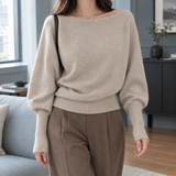 Boat Neck Sweater with Batwing Sleeve and Ribbed Cuff