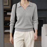 Ribbed Knit Sweater with Collar and V-Neck