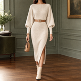 Ribbed Bodycon Midi Sweater Dress with Balloon Sleeves and Side Slit