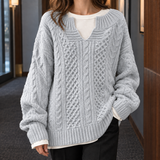 Oversized Cable Knit Sweater with Split Neck and Ribbed Trim