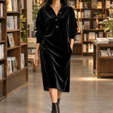 Velvet Collared Midi Dress with Button Front