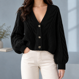 Cropped Cable Knit Cardigan with Balloon Sleeve