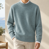 Fuzzy Knit Sweater with Ribbed Trim and Round Neck