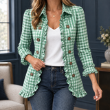 Gingham Ruffle Trim Blazer with Button-Front